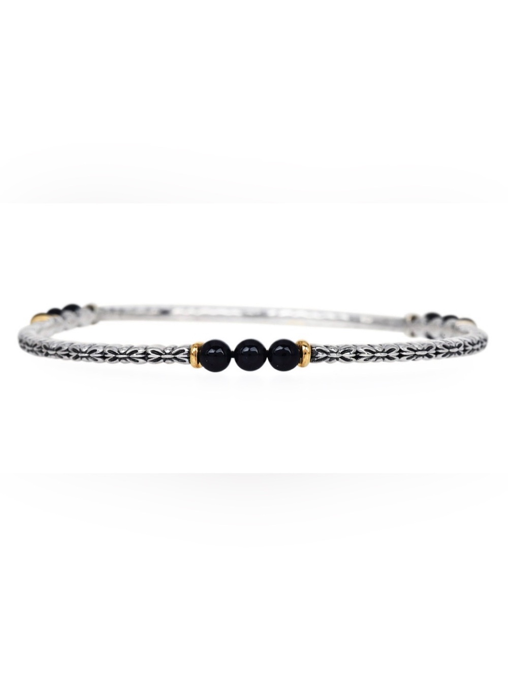 Town & Country T&C Sterling Silver & 14K Yellow Gold Onyx Bangle Bracelet, 15.2g